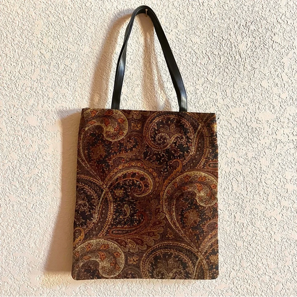 Chico’s Brown‎ Paisley Sparkle Embelished Tote Bag with Black Leather Straps
